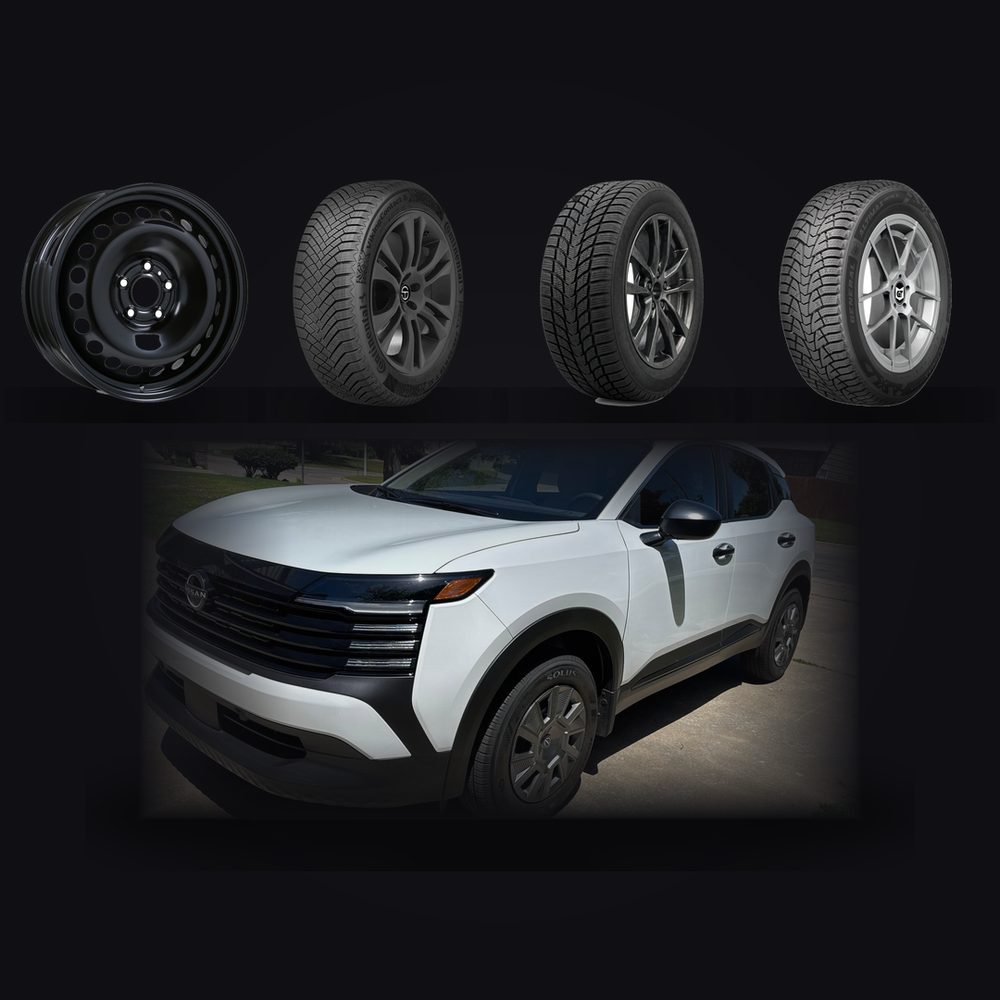 2026 Nissan Kicks Winter Tire & Wheel Package — Bridgestone Blizzak IcePeak 215/60R17 on 17" Black Steel Wheels — product image from the live Sparky X shop