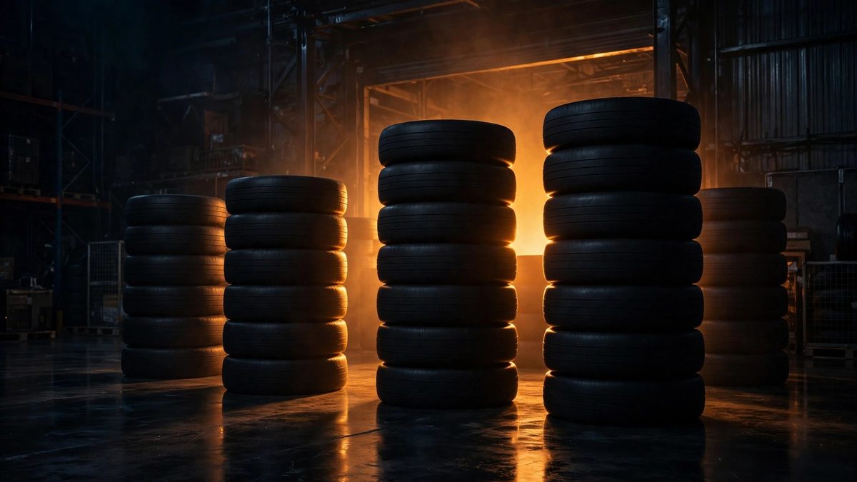 Stacks of new tires stored in a dark warehouse, warm amber backlight — why a new tire can carry an older DOT date