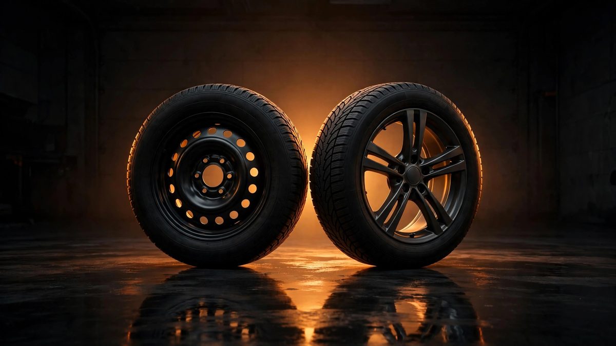 A black steel winter wheel beside a dark alloy winter wheel in a dark garage — the two rim choices for a winter tire package