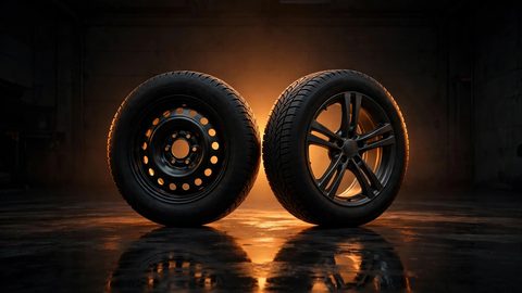 A black steel winter wheel beside a dark alloy winter wheel in a dark garage — the two rim choices for a winter tire package
